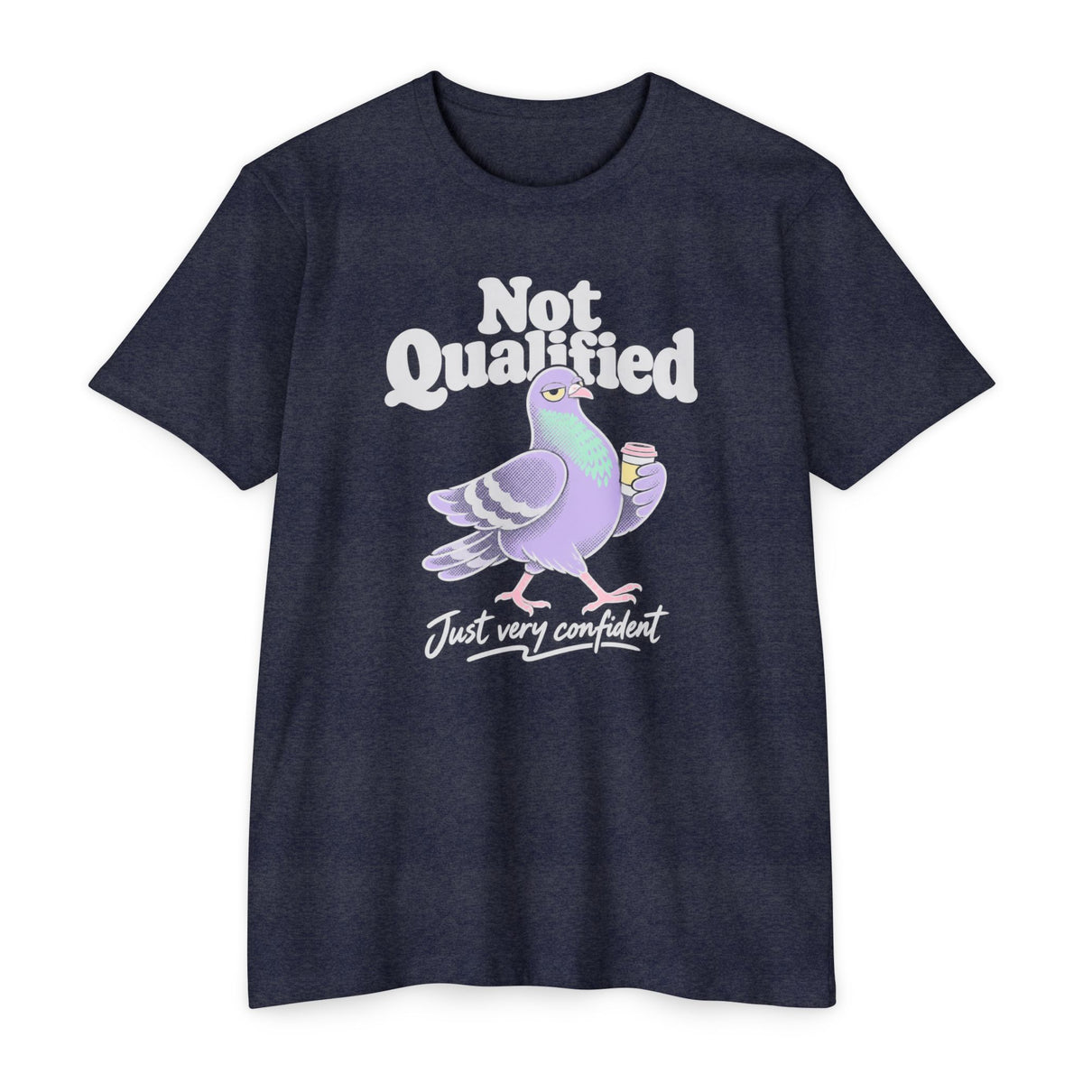 Dark navy crew-neck T-shirt with Not Qualified pigeon graphic