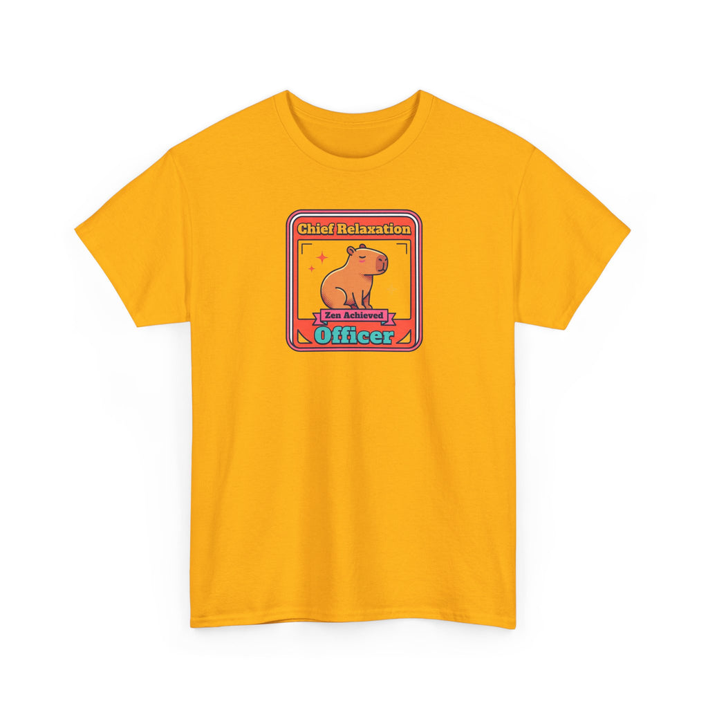 Yellow T-shirt with capybara meditation graphic and 'Officer' text.