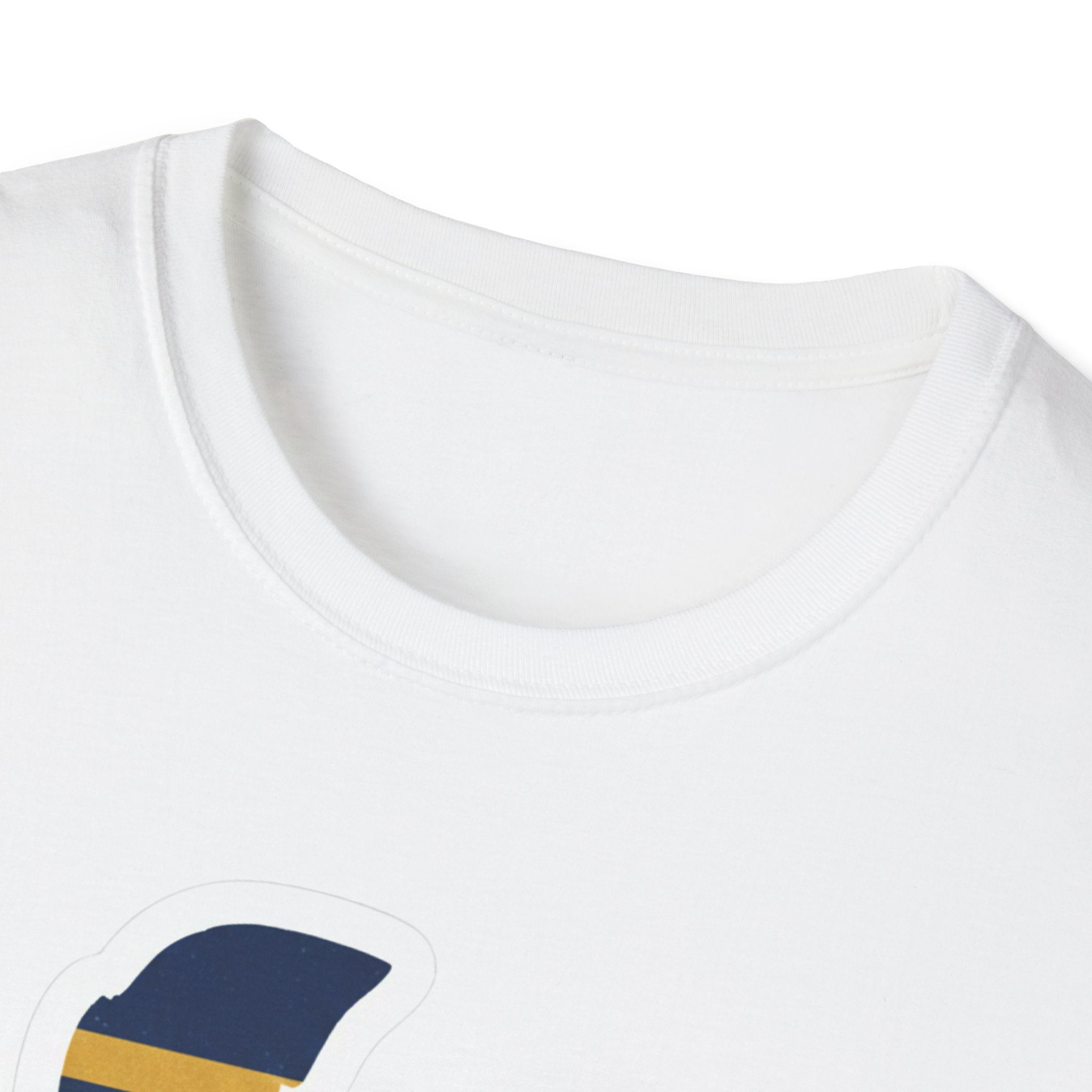 White T-shirt neckline with partial Delaware outline graphic near chest