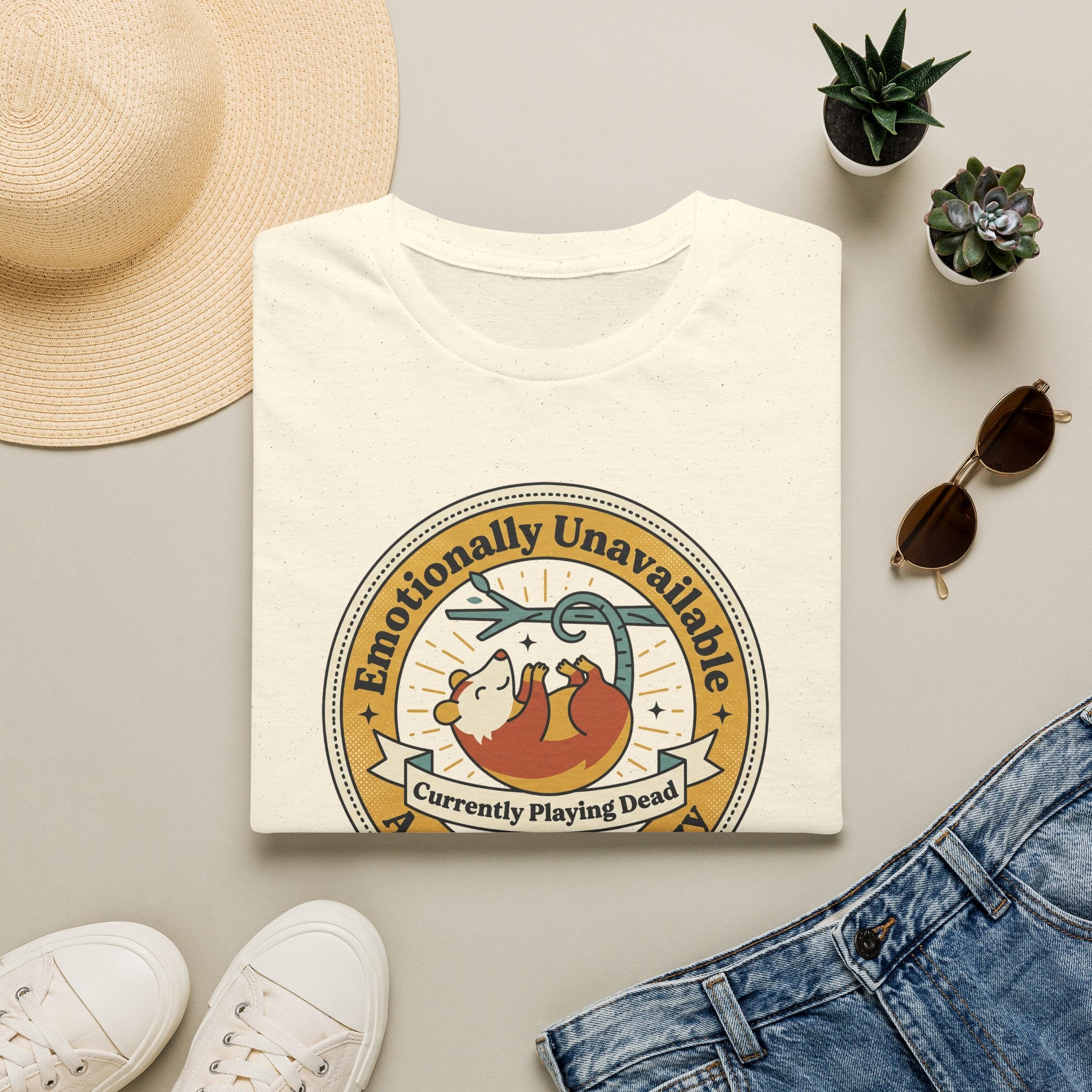 White sloth graphic T-shirt with round "Currently Playing Dead" logo