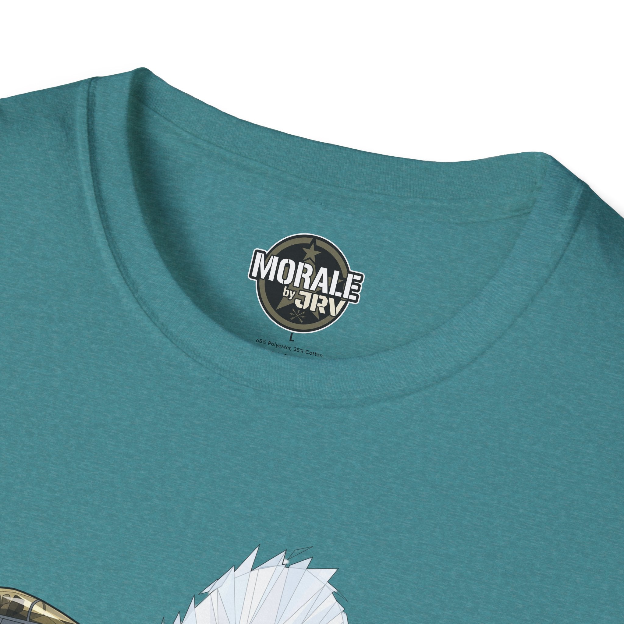 Teal crew-neck T-shirt with round “Morale by JRI” chest logo