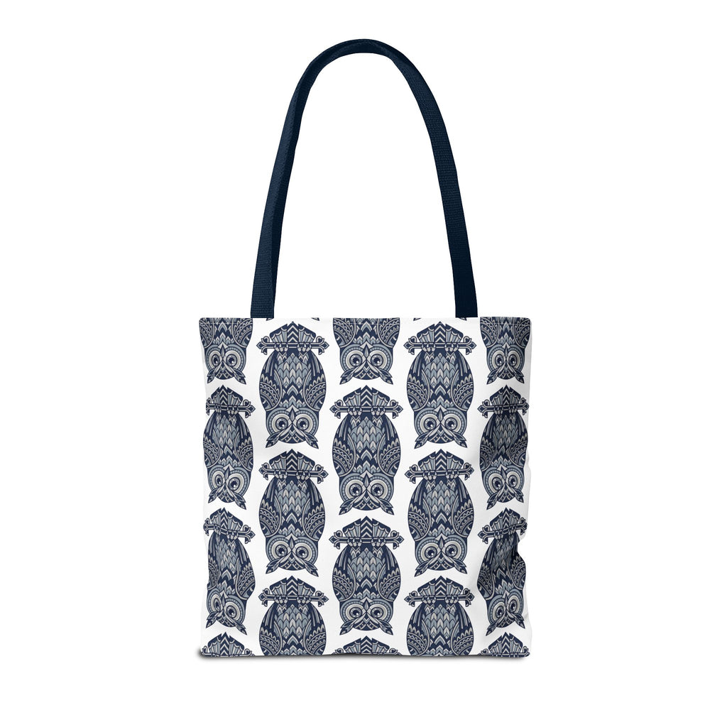 Navy owl-pattern tote bag with repeating blue and white owl illustrations, top handles