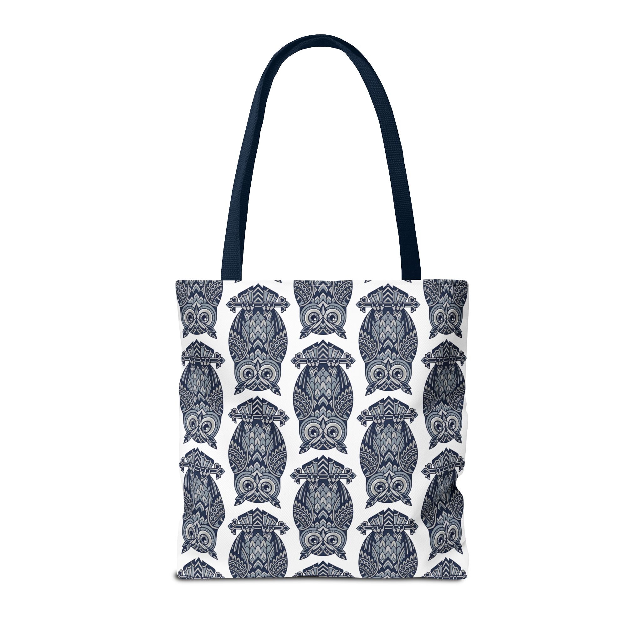 Navy owl-pattern tote bag with repeating blue and white owl illustrations, top handles