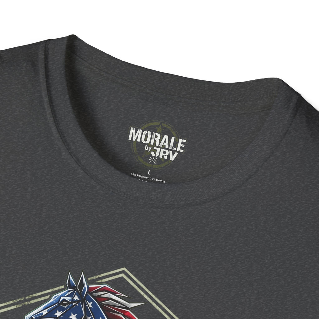 Dark gray T-shirt neck logo and top of patriotic horse graphic