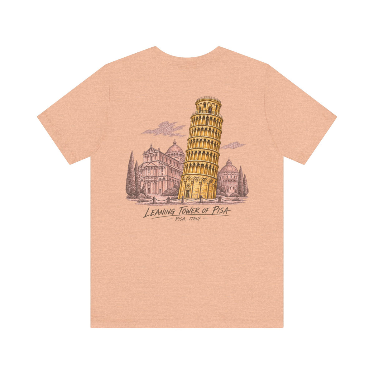 Travel souvenir T-shirt with Pisa tower illustration graphic on front, heather peach