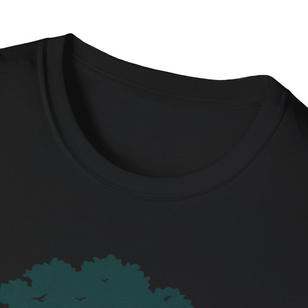 Black tee: teal banyan tree & birds graphic, crew neck