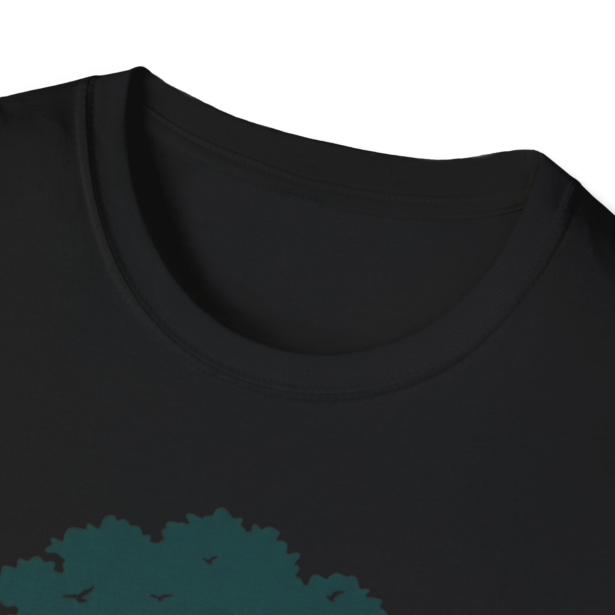 Black tee: teal banyan tree & birds graphic, crew neck