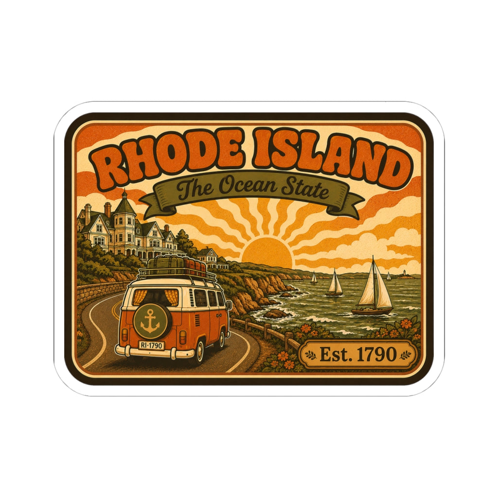 Rhode Island sticker featuring Ocean State banner, orange camper van, Est. 1790, border