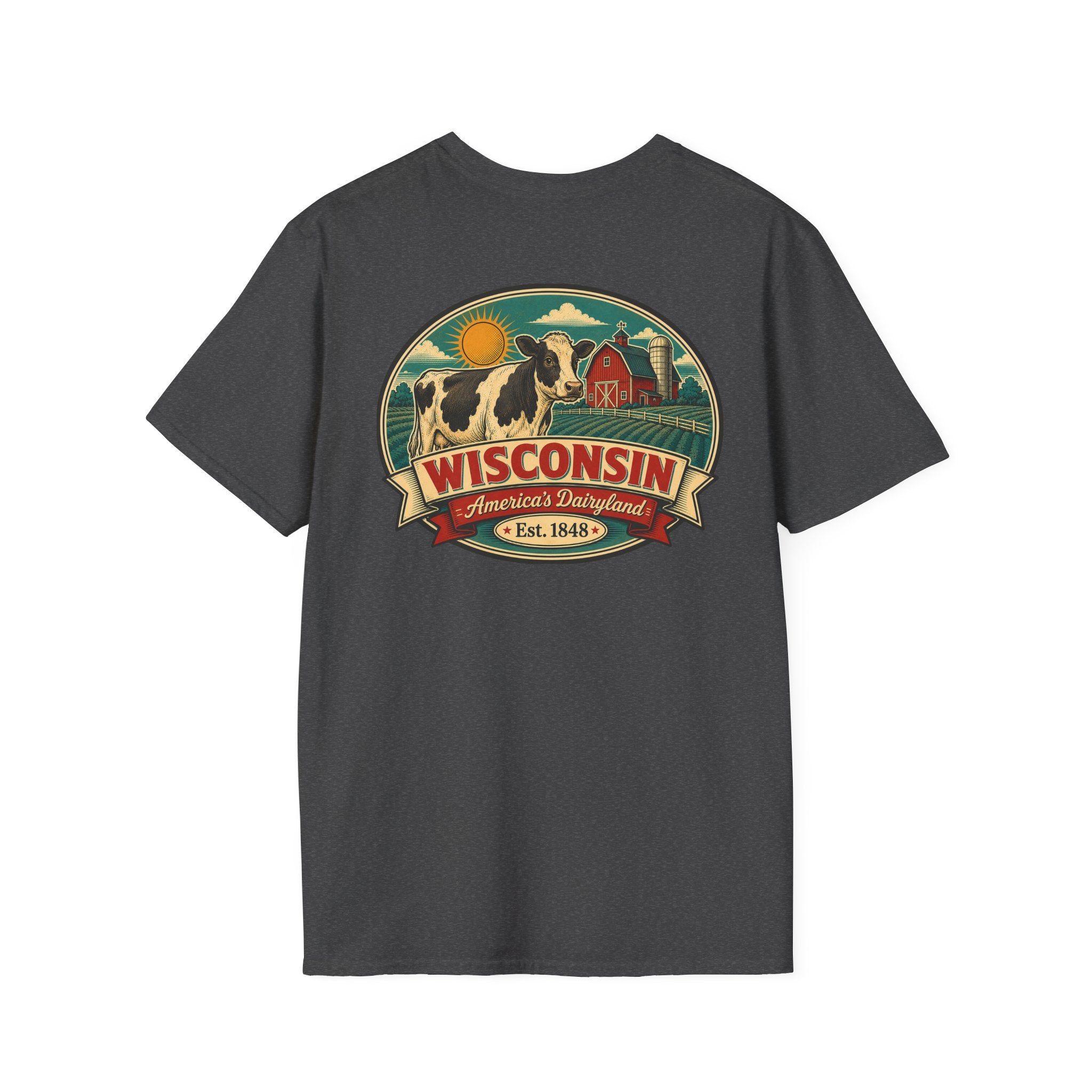 Charcoal Wisconsin graphic t-shirt with crest logo and cow illustration.