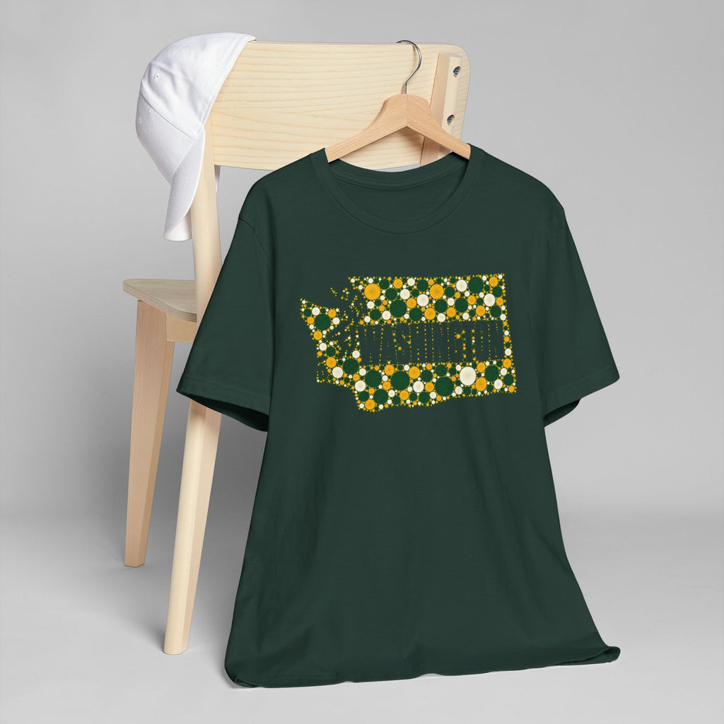 Dark green crew-neck T-shirt with gold and green floral Washington outline graphic