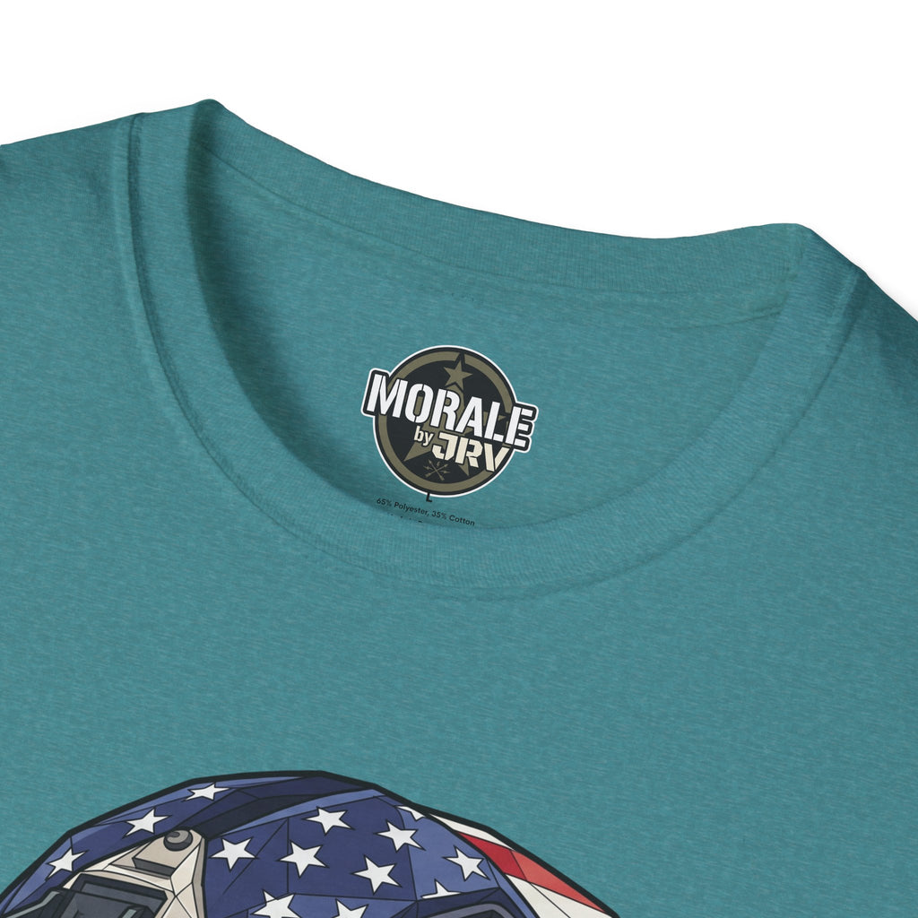 Tactical skull helmet T-shirt in teal with Morale by TRVP chest logo