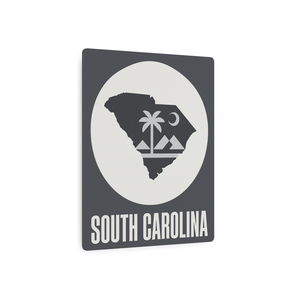South Carolina metal wall sign, dark gray with white circle state map and “SOUTH CAROLINA”