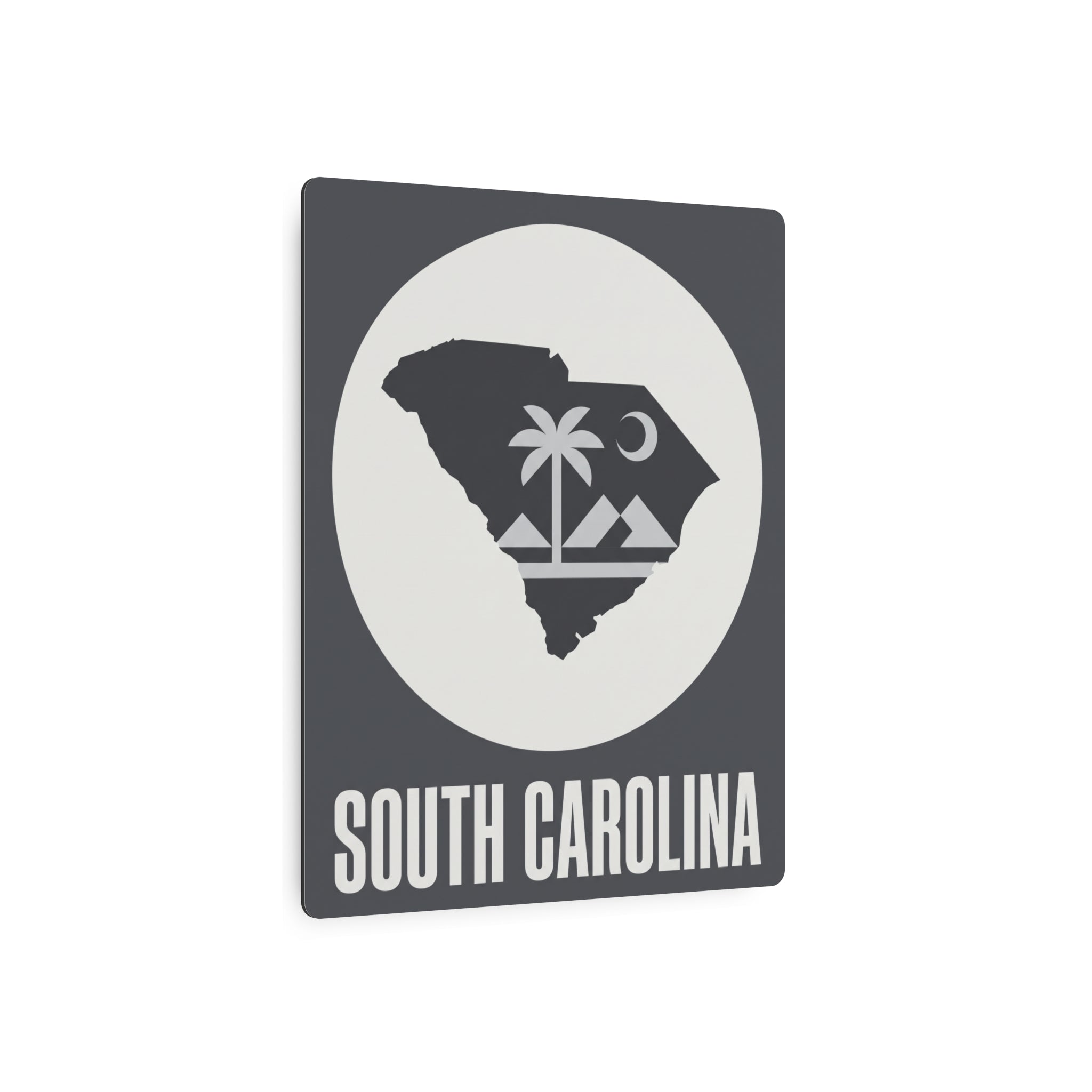 South Carolina metal wall sign, dark gray with white circle state map and “SOUTH CAROLINA”