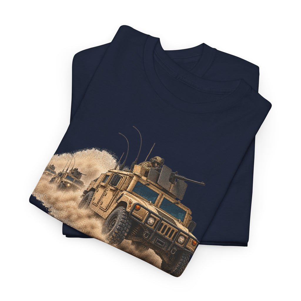 Navy crewneck t-shirt with armored vehicle graphic on front