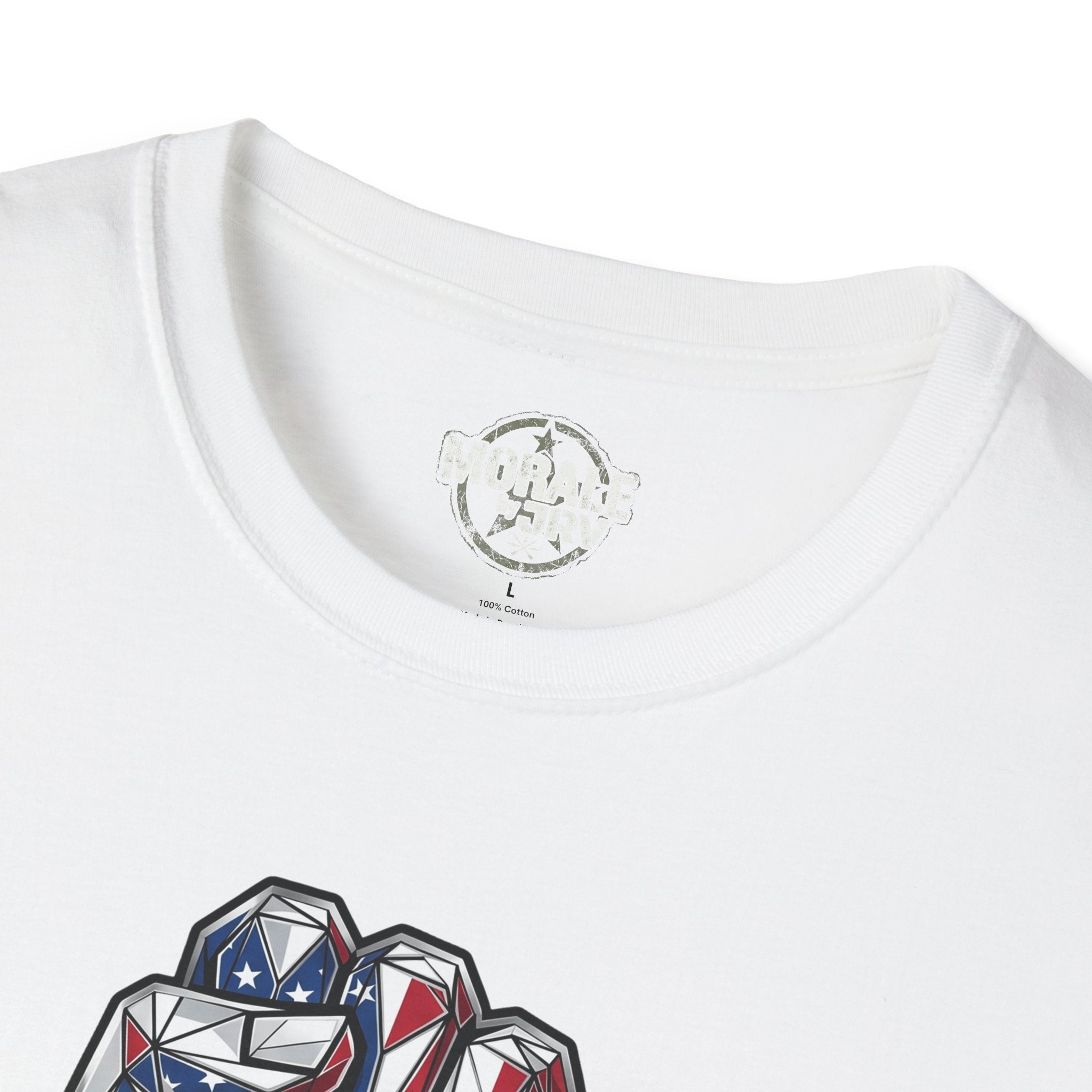Patriotic Fist T-Shirt detail, white neckline and top portion of American flag fist print