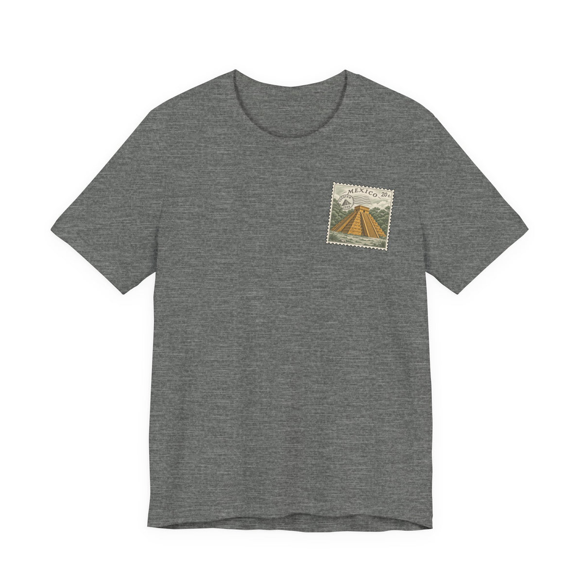 Dark heather gray t-shirt with small vintage-style Mexico stamp graphic at upper chest