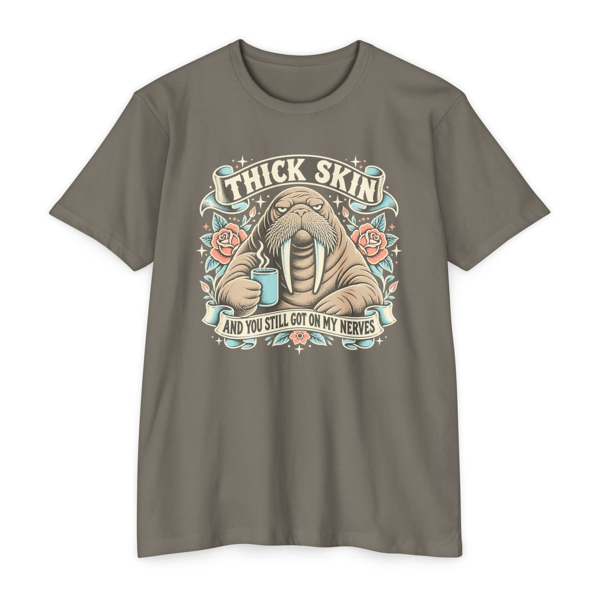 Walrus graphic t-shirt in dark gray with front chest logo and lettering