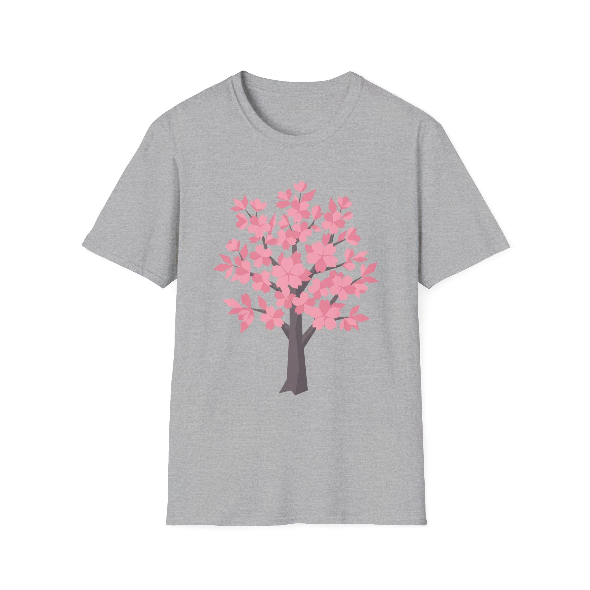 Cherry blossom tree T-shirt, pink floral design on light gray front