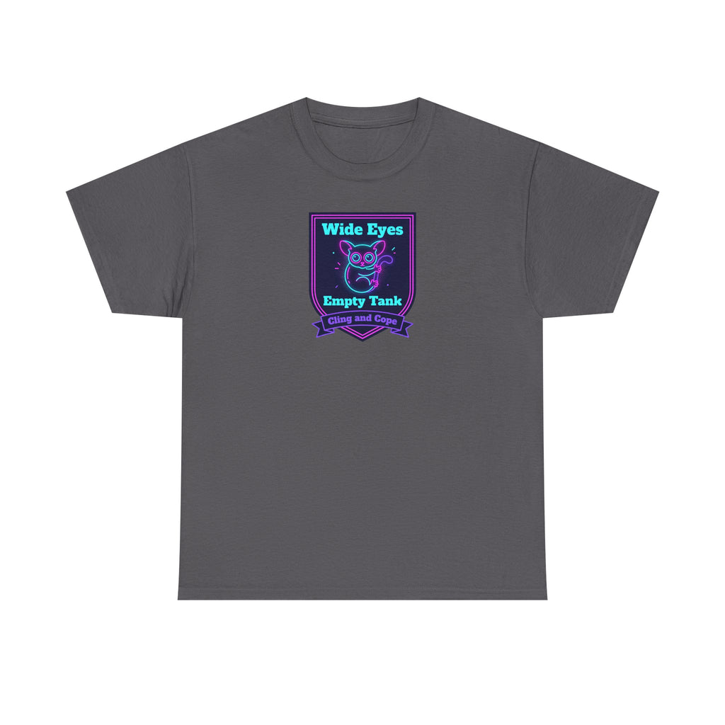 Charcoal gray crewneck T-shirt with neon purple and teal owl badge logo on chest