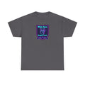 Charcoal gray crewneck T-shirt with neon purple and teal owl badge logo on chest