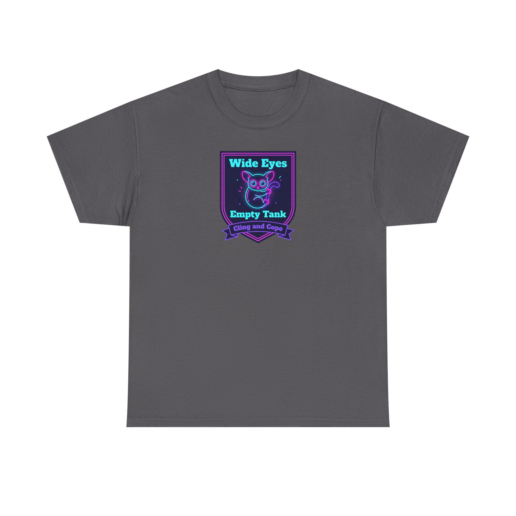 Charcoal gray crewneck T-shirt with neon purple and teal owl badge logo on chest
