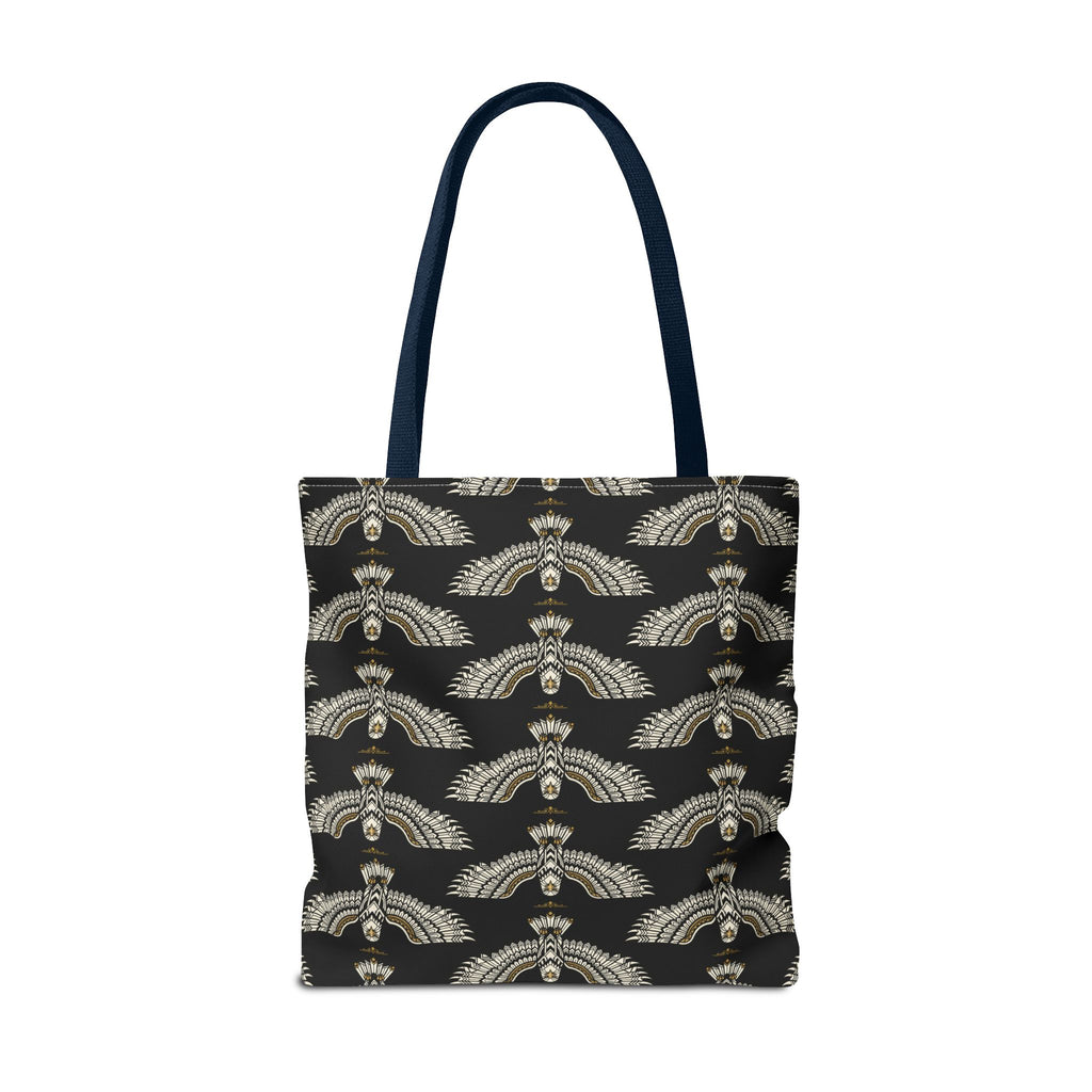 Tote bag with black fabric and gold winged scarab pattern, dark navy handles