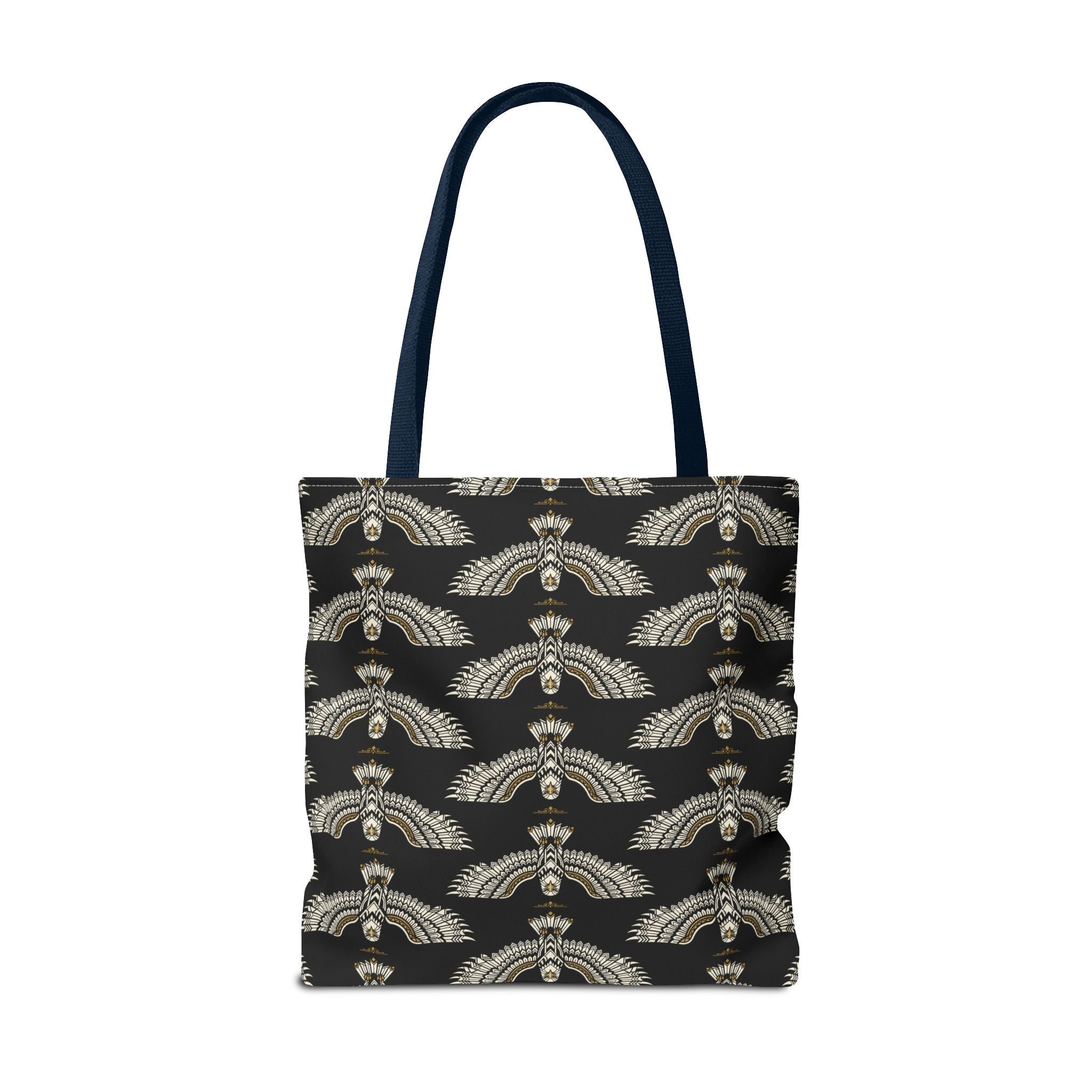 Tote bag with black fabric and gold winged scarab pattern, dark navy handles