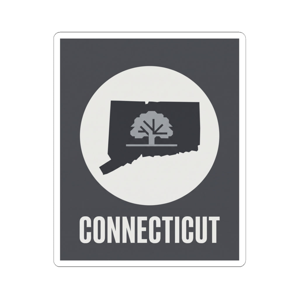 Connecticut tree silhouette kiss-cut sticker with white circle and CONNECTICUT text