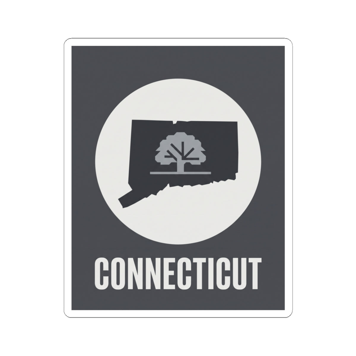 Connecticut tree silhouette kiss-cut sticker with white circle and CONNECTICUT text
