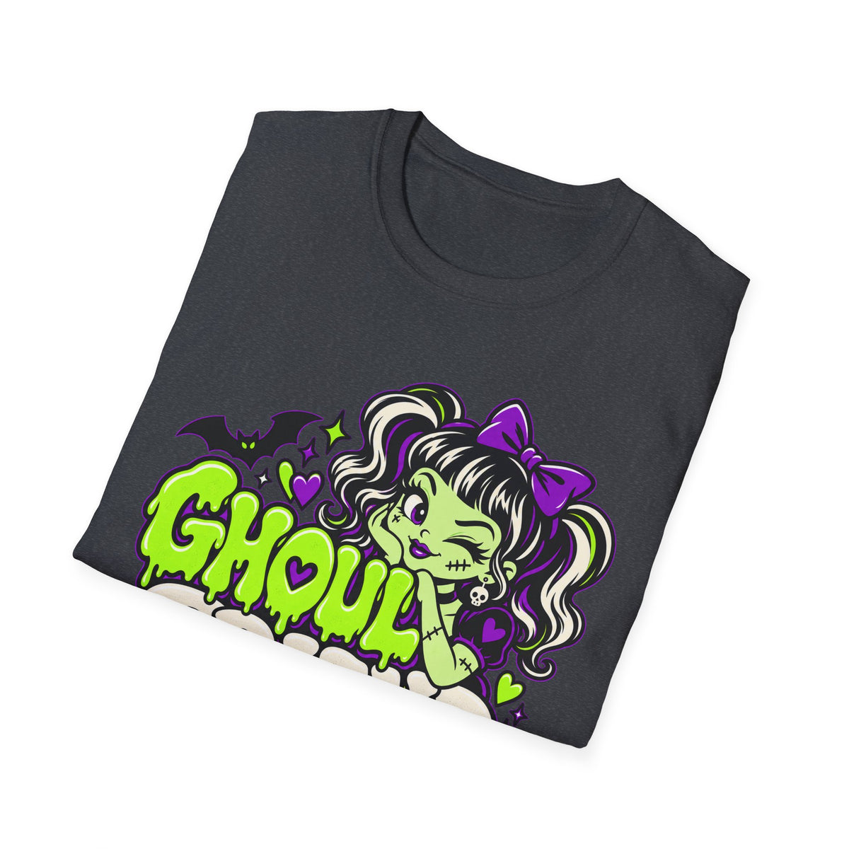 Charcoal gray T-shirt with cute monster girl graphic, purple hearts and bat