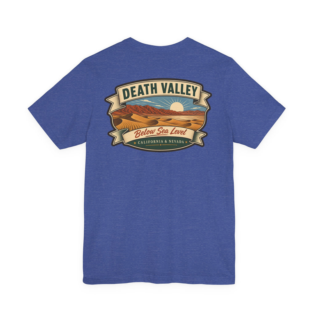 Blue crew-neck T-shirt with large Death Valley ribbon landscape graphic
