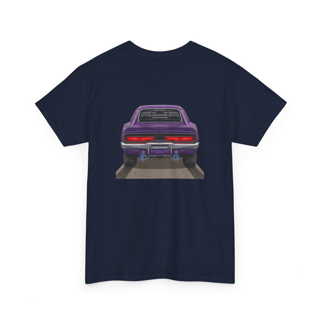 Dark navy T-shirt with retro muscle car graphic centered on back