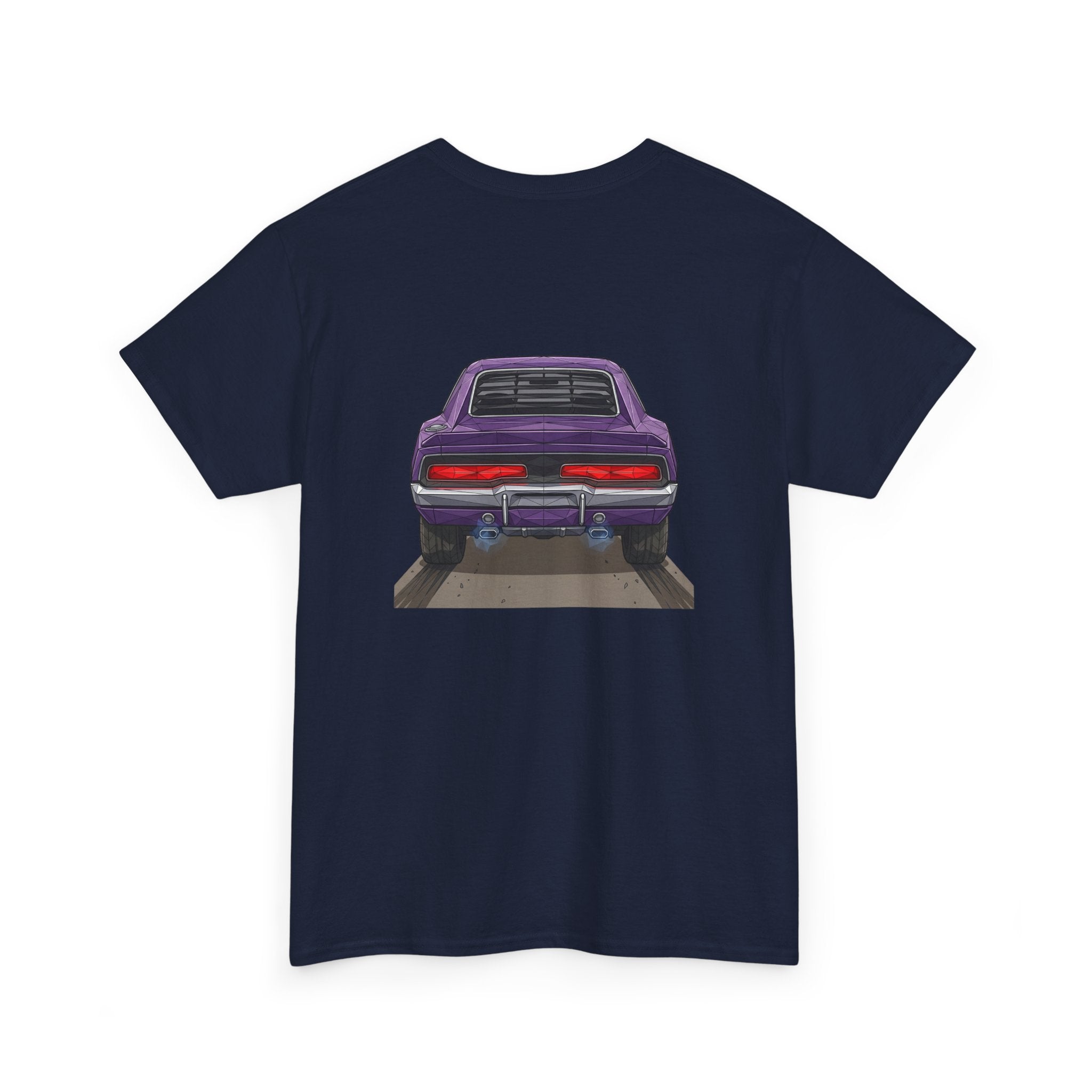 Dark navy T-shirt with retro muscle car graphic centered on back