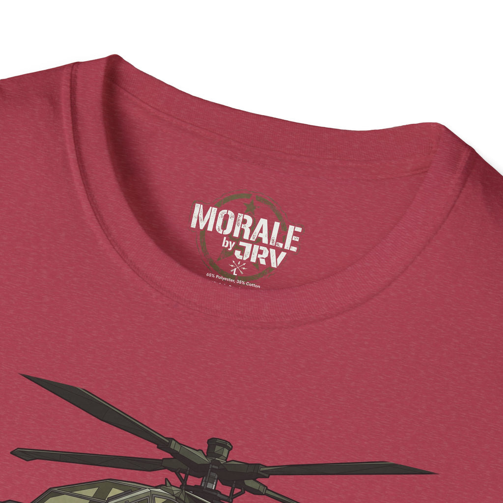 AH-64 Apache T-shirt: “Morale by TRV” neck logo, partial helicopter graphic