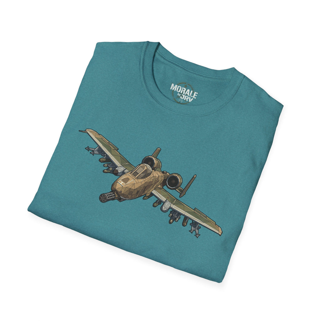 Teal crew T-shirt with A-10 Warthog aircraft graphic on front.