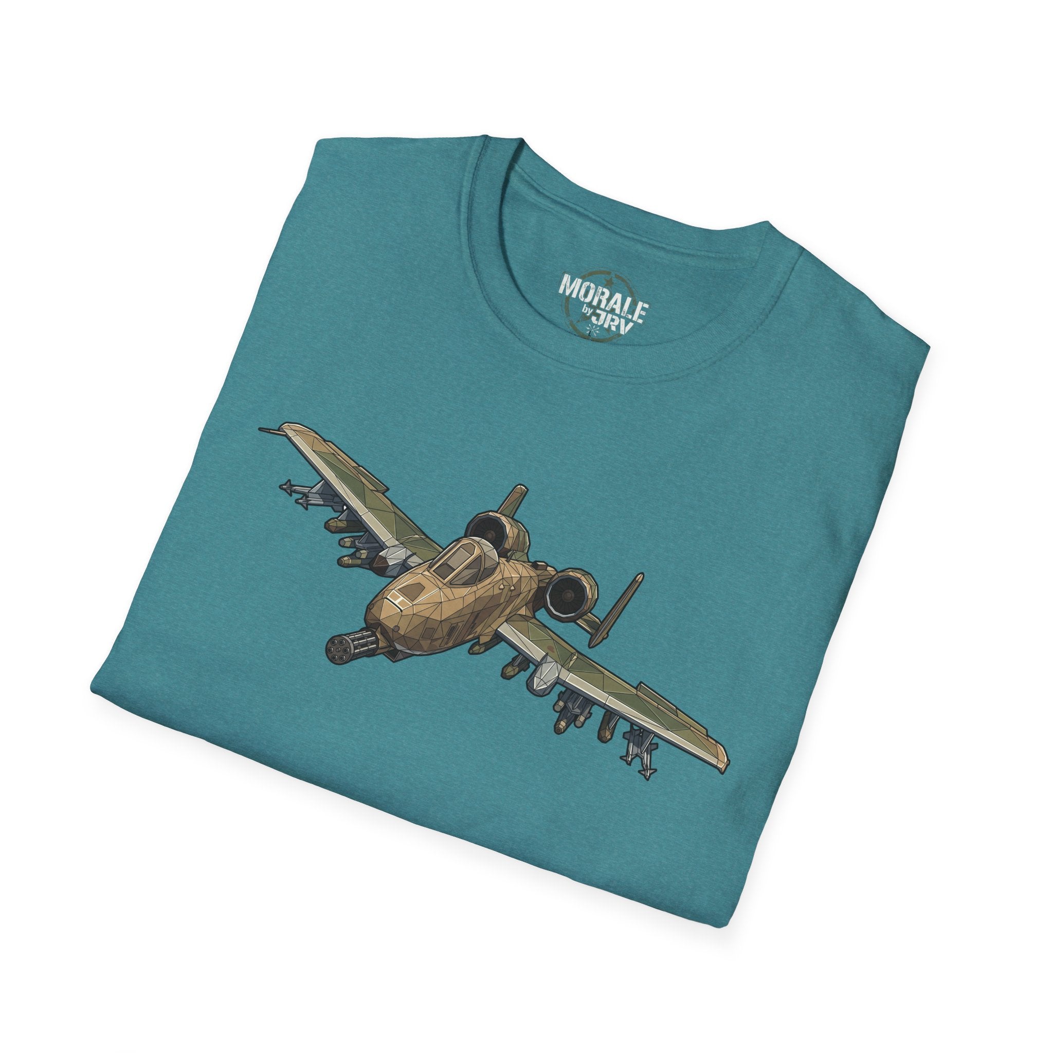 Teal crew T-shirt with A-10 Warthog aircraft graphic on front.
