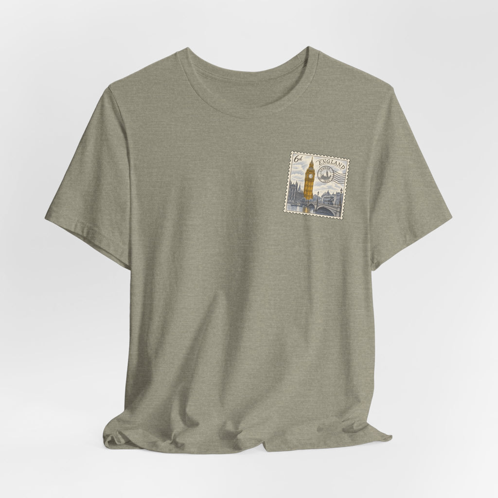 Heather olive T-shirt with small vintage postage stamp graphic featuring the Elizabeth Tower