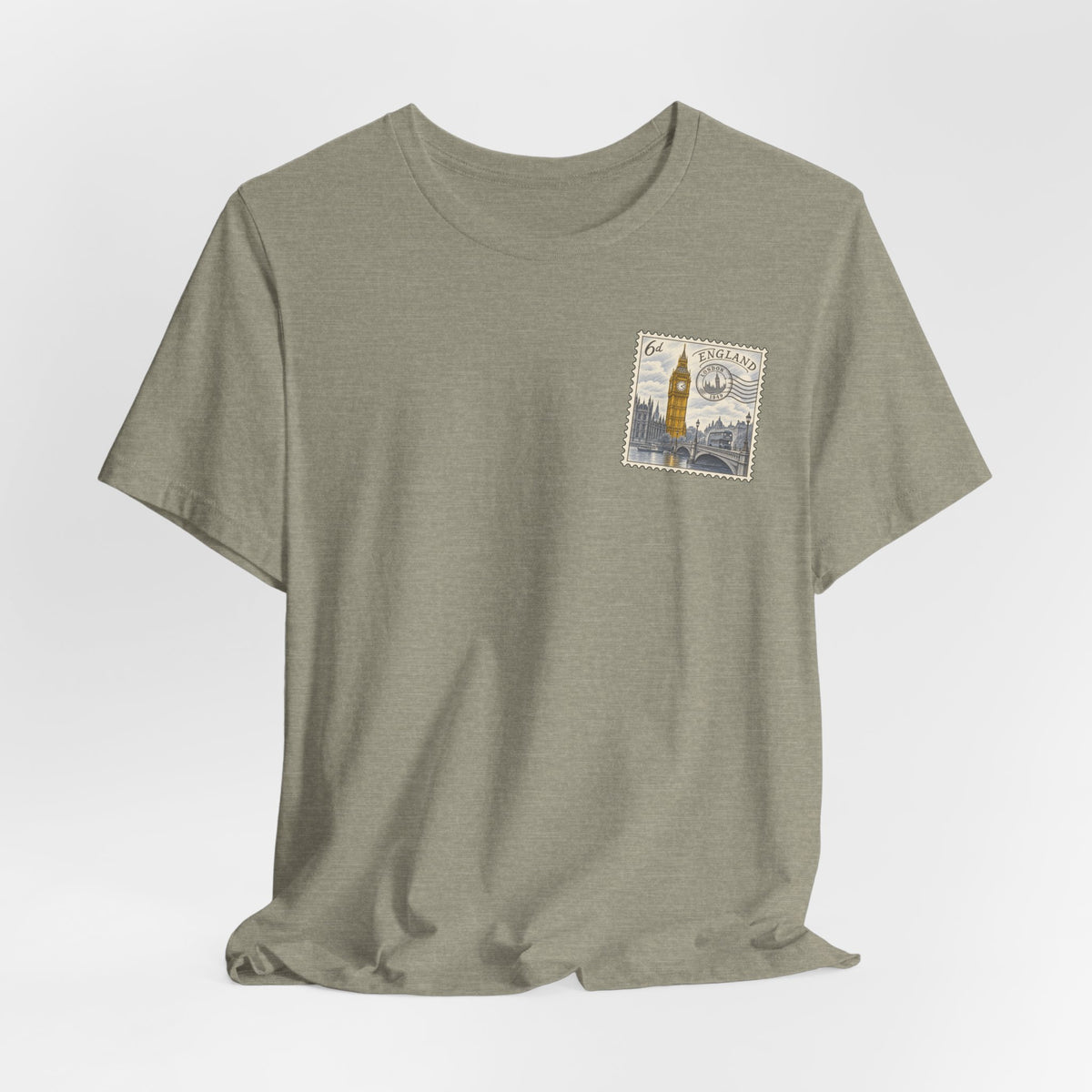 Heather olive T-shirt with small vintage postage stamp graphic featuring the Elizabeth Tower