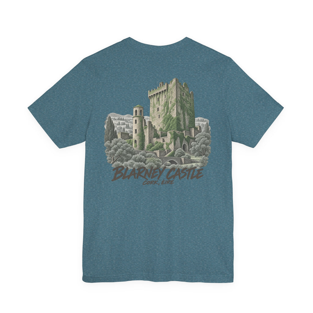 Teal heather T-shirt with large castle graphic and vintage-style text on the back.