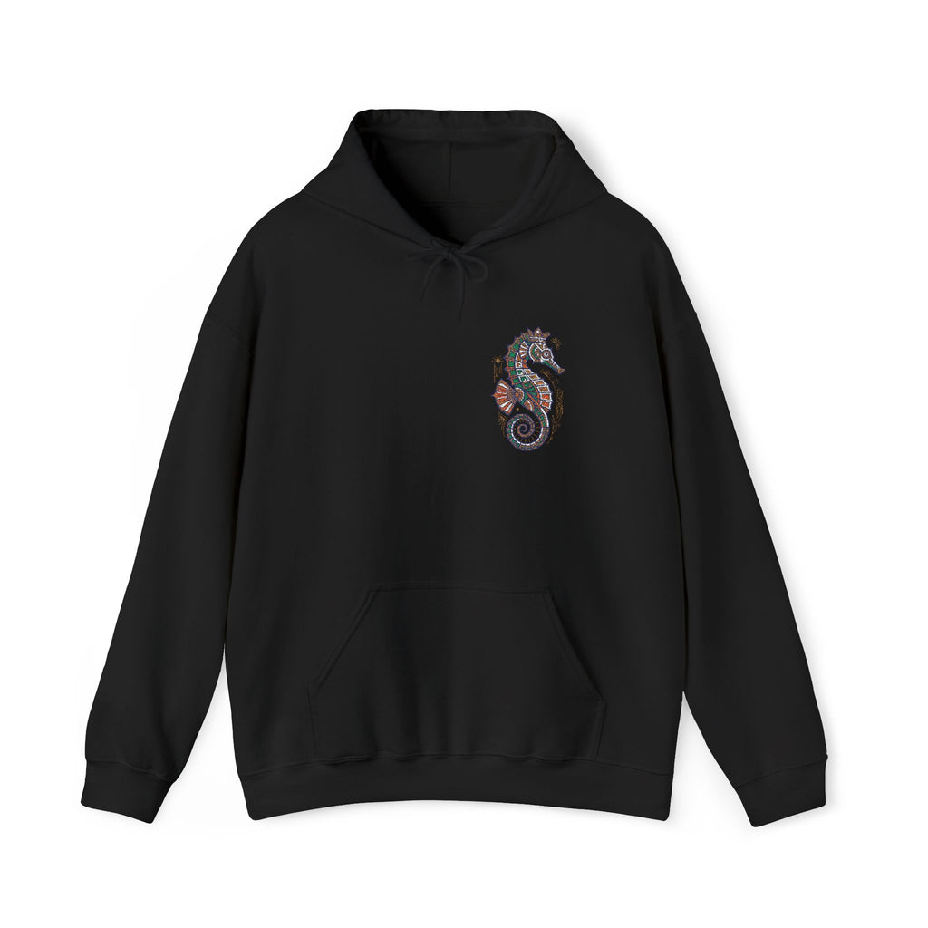 Black seahorse floral hoodie with front pocket and drawstring hood