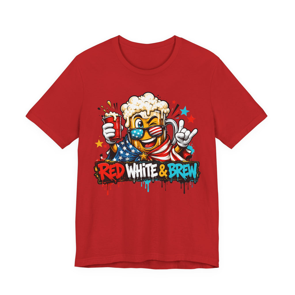 Red T-shirt with colorful beer mascot and “Red White & Brew” graphic