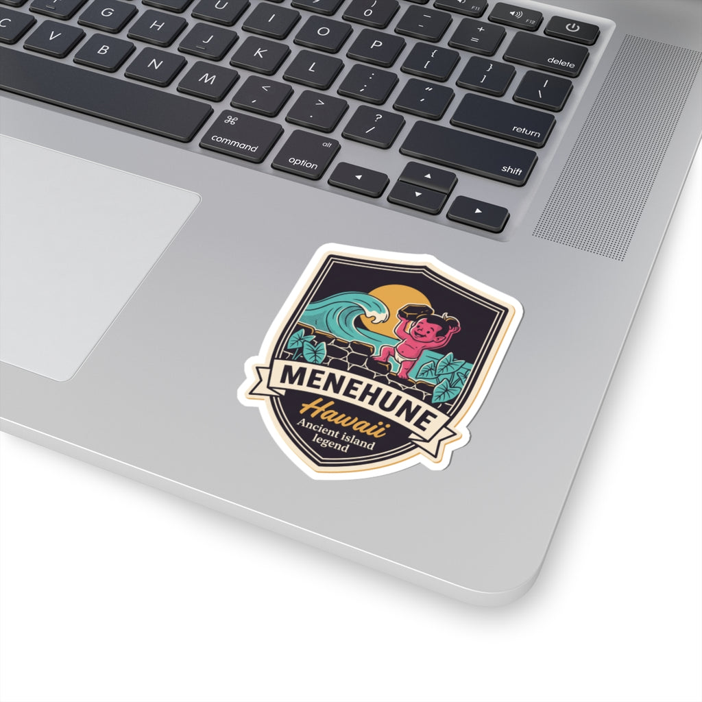 Kiss-cut badge sticker with teal wave and pink figure, “MENEHUNE Hawaii” and “Ancient Island legend”