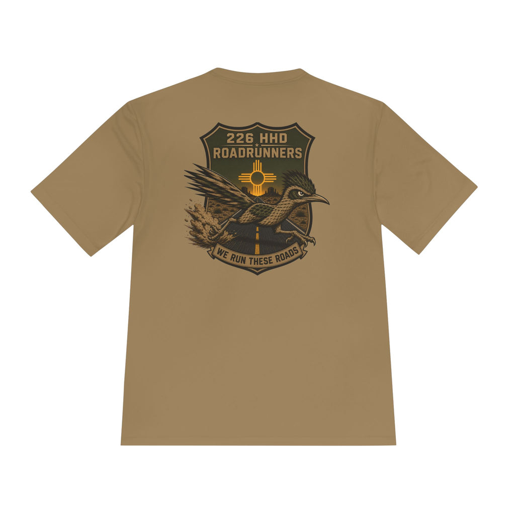 Coyote brown polyester T-shirt with bird graphic and text on back