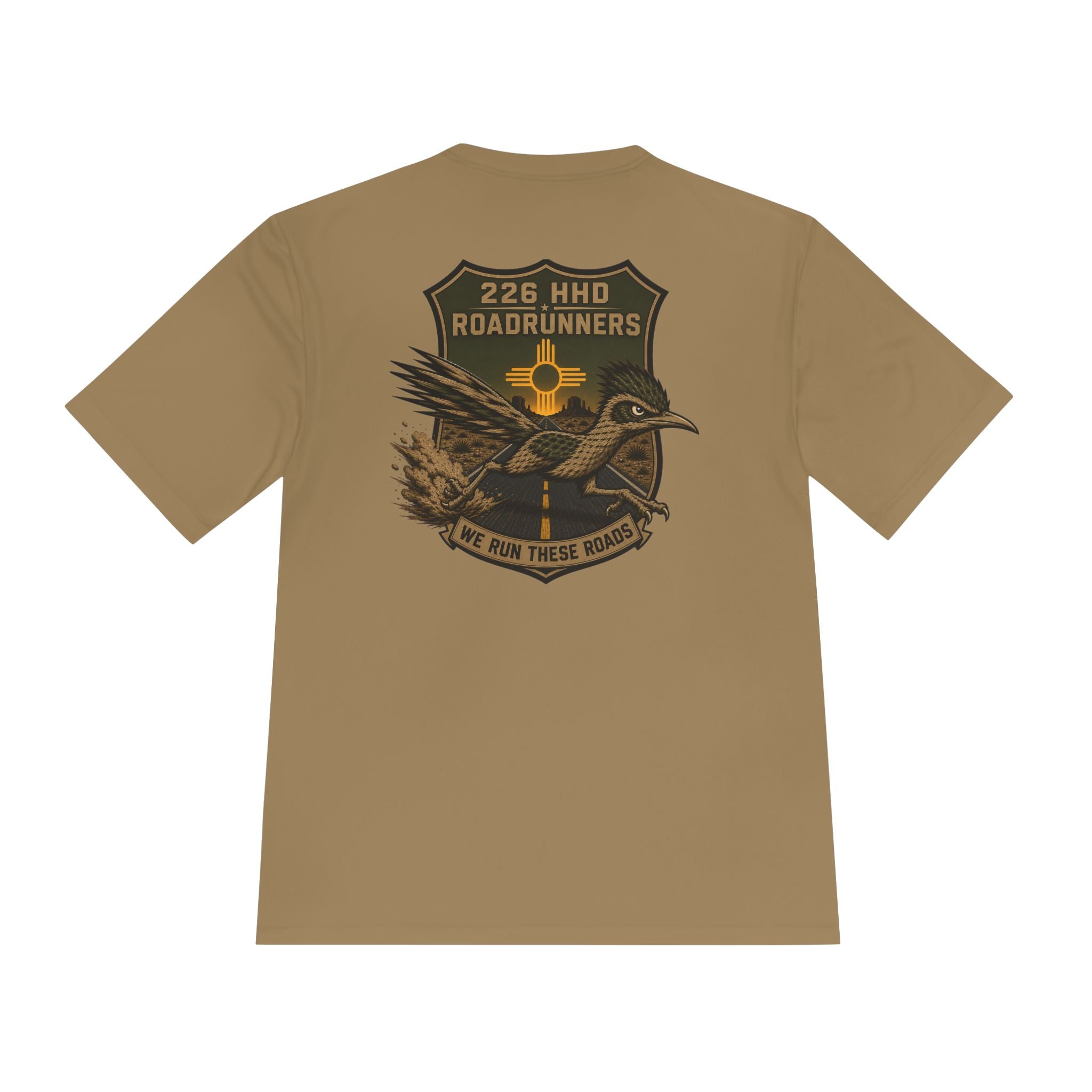 Coyote brown polyester T-shirt with bird graphic and text on back