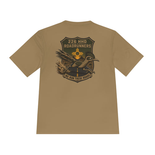 Coyote brown polyester T-shirt with bird graphic and text on back