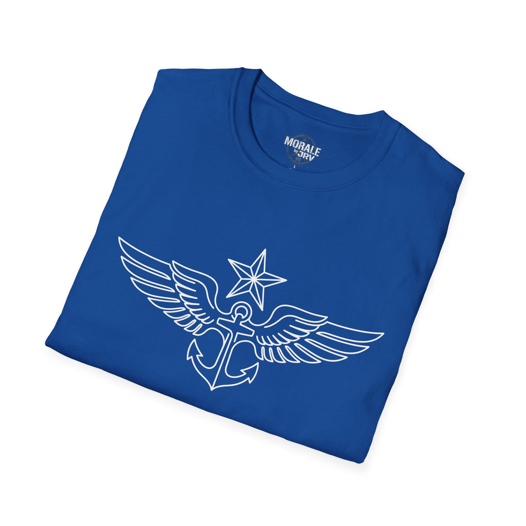 Royal blue T-shirt folded view with winged anchor and star outline print