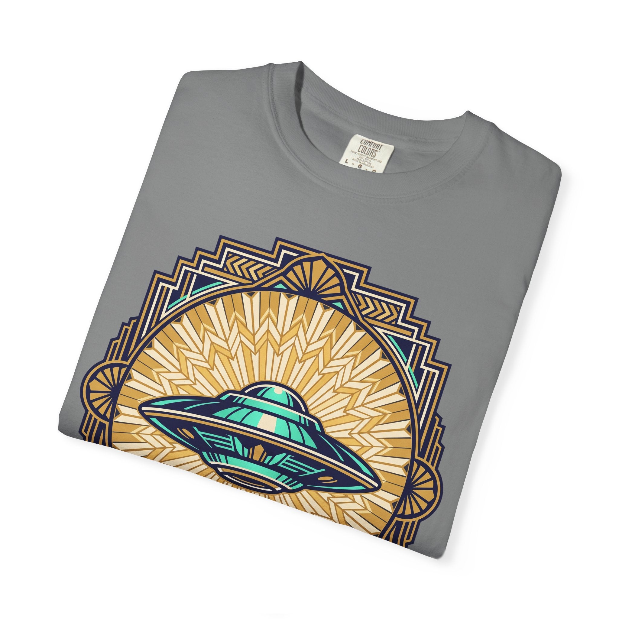 Slate gray crew-neck t-shirt with retro UFO graphic and golden sunburst.