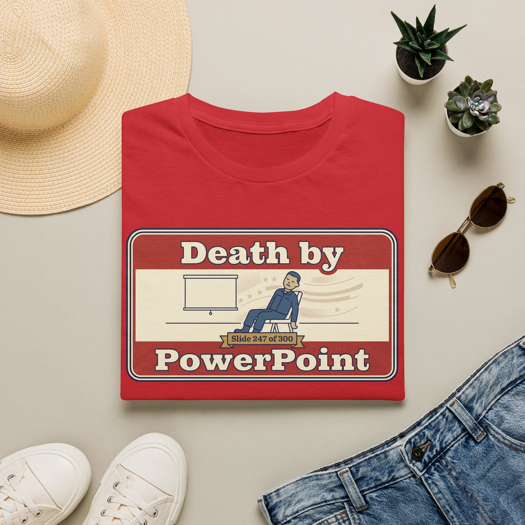 Red T-shirt with 'Death by PowerPoint' presentation graphic on chest