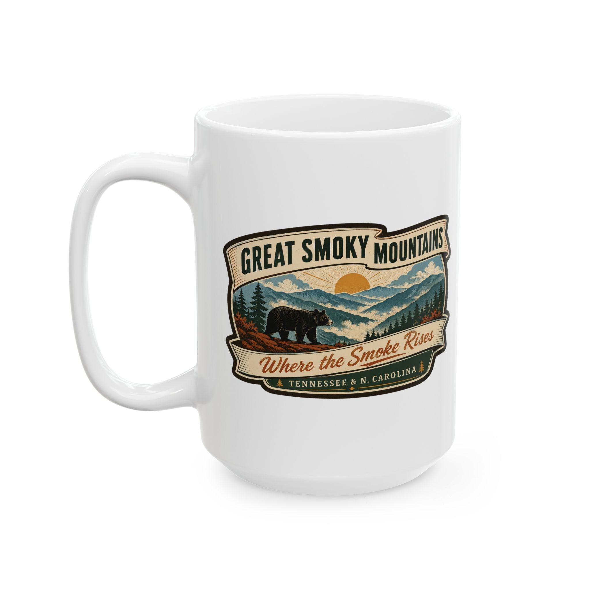 White ceramic travel mug with handle, Great Smoky Mountains “Where the Smoke Rises” badge