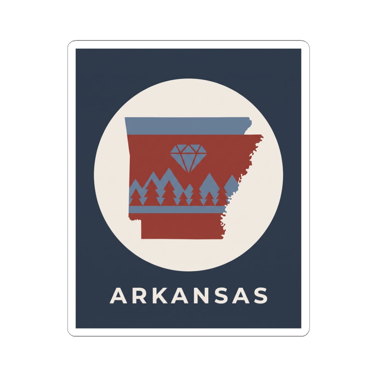 Circular Arkansas emblem kiss-cut sticker with diamond icon, pine trees, and ARKANSAS lettering